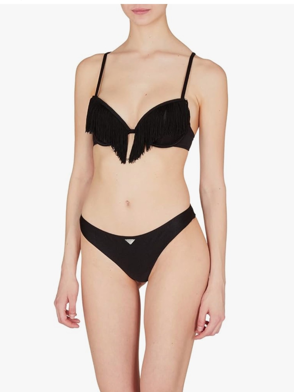 Emporio Armani Swim Wear Black  Bikini with Metal Logo and Fringe Accent